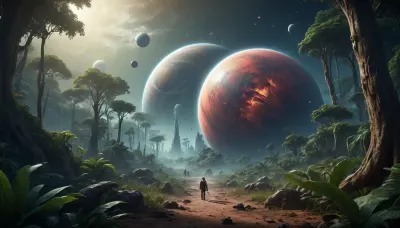 fullcolor image, 8K quality, gas giant satellite planet, fantastic jungles, alien strange landscape, fantastic animals