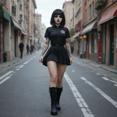 Beautiful sexy slutty goth slut, walking, (wearing knee high black sock, ((wearing mini pleated mini black skirt, wearing black button down shirt ripped, black boots, street, (upskirt view), (goth makeup1.5))))