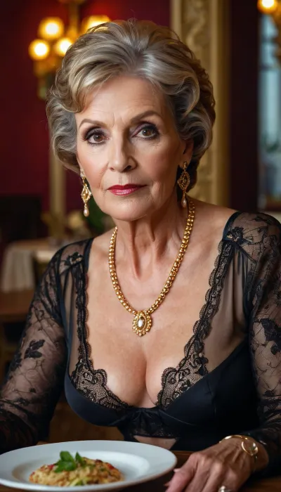 old granny mature, sexy 60 years old granny, dark blonde hair, medium hair, glamour, big hoop earrings, very smoked black eyes make up, necklace, big black eyes, thin body, extreme small tiny tits, gold necklace, looking at the camera, lovely face, long sleeve lingerie, charming, at the fancy restaurant table, elbow on table, in love looking