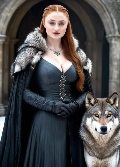 ((Beautiful Sansa Stark from game of thrones:1.4)), big sexy breasts, in a poor black cape with a hood thrown, (hugs and kisses the wolf:1.3), sexy cleavage, lace filigree of bright, (showing black stockings), rich color. Super clear, highly detailed watercolor, glaze technique, plus colored alcohol ink, style of V. Vasnetsov, long braided blonde hair, sexy black long gloves, In her hand is a large Valerian steel sword, A wolfskin is draped over her shoulders, ((a large wolf stands at near her)), she stands there confidently, looks seductive, next to her stands a big snow-white wolf from games of thrones, show whole body in the picture, castle, (Realism:1.8), (Beautiful huge tits:1.5), sns, woman, she, has, red, long, hair, braded, wearing, crw, outfit, black, armor, dark, tunic, queen, of, the, north, gown, battle, Young_woman, extremely waist, perfect skin, extremely high detailed, thick bimbo lips, pink lips, blonde, blue eyes, perfect face, ((her personality and behavior is feminine, flirtatious, beguiling, and slutty:1.2)), wolf, (((she is posing in a sexually explicit way, she desperately wants the viewer to fuck her:1.2))), NSFW, Hardcore, XXX, (uncensored. Perfect huge curved ass), skirt lift, <lora:add-detail-xl:.9>, <lora:sansa stark SDXL - sns woman:1.3>, GiganticBreatsXL, gigantic, breasts, huge, <lora:GiganticBreastsXLv1:1.3>