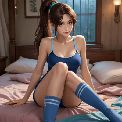 (CARTOON), 2D, reiq style, solid outlines, (FRONT-VIEW), angle, 22-year-old British woman, (long dark brown hair in a ponytail), athletic, lean, subtle curves, ((“large natural BREASTS”:1.3)), soft features and expressive eyes, slight blush on cheeks, sexy blue sport top, sexy blue sport shorts, blue sport socks, sitting curled up on a bed with knees to chest, shy, hesitant smile, ozy sleepover room with blankets and fairy lights, warm soft lighting, casual playful atmosphere, <lora:outline_xl_kohaku_delta_spv5x:2>