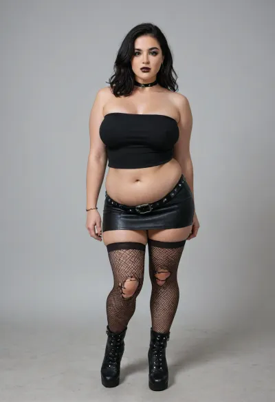 tall chubby plump bbw woman, 50 years old, soft plump belly, goth, long straight black hair, wearing a black cordet, black black mini skirt, ripped fishnet stocking, supender belt, knee high high heel boots, Trfut, flac-futa, flac-penis, photo, artwork, <lora:SDXLlora4flFut-000014:1.6>