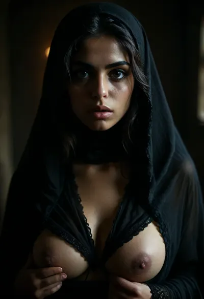 cowboy shot, 25yo Persian woman, face-covered, beautiful, dark Persian skin tone, bright piercing blue-green eyes, wears a black burkha, large teardrop-shaped breasts, wide darke areola, long erect nipples, wide hips, very hairy pussy, <lora:Super_Eye_Detailer_By_Stable_Yogi_SDPD0:.5>, <lora:DetailedEyes_V3:.9>, <lora:dark:.4>, <lora:MJ52:.8>, <lora:potrait-woman-v2:.8>