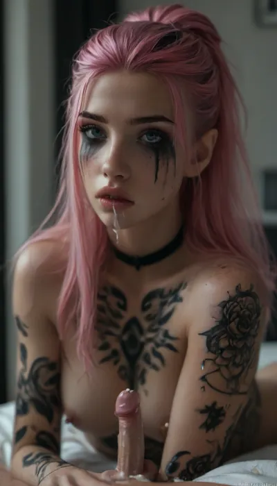 Elf, elf ears, pointed ears, Cinematic still, (18yo woman), submissive, horny, cute, gorgeous, freckles, ((slim:1.4)), ((muscular:1.3)), ((sucking small cock:1.4)), (black mystical body tattoos:1.6), perfect round breasts, nipple piercing, dark makeup, eyeliner, eyeshadow, mascara, long eyelashes, slim waist, nude, black stockings, black choker, very long pink hair, striking facial features, (bright blue eyes), sad eyes, narrow face, wet skin, silver jewelry, on bed in a bright bedroom, (crawling over the viewer:1.5), (((looking directly to the viewer))), (cum everywhere:1.5), mouth closed, kiss mouth, (ruined makeup:1.4), (ruined hairstyle:1.7), cum on tits, cum dripping, devot, (closeup face:1.7), view from below, 4k epic detail, shot on kodak, 35mm photo, sharp focus, high budget, cinemascope, moody, epic, film grain, grainy, score_9, score_8_up, score_7_up, rating, explicit, big_eyes, but, <lora:style_lora_realis:2>, <lora:BUT_SDXL_SHS:2>, <lora:SDXLHighDetail_v6-000005:2>