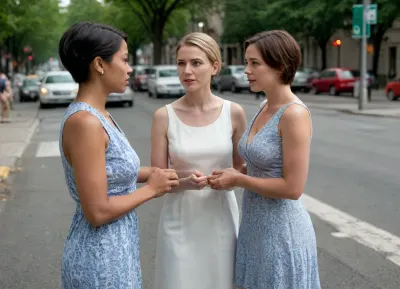 Two women with short hair and large natural breasts stand at the heart of a vibrant urban pulse, their conversation a dynamic focal point. One is adorned in a flowing blue and white dress, while her companion wears a chic, tailored blue and white ensemble, their coordinated palette creating a harmonious visual anchor. They are deeply engaged in a spirited discussion, their expressive gestures and animated postures suggesting a lively exchange of ideas or a shared, urgent secret. The scene is framed by the soft, diffuse light of an overcast day, casting gentle, even shadows and making their figures stand out against the textured backdrop of the sidewalk. To the left, the stark, glowing red eye of a traffic light bleeds into the composition, injecting a note of suspended urgency and modern rhythm. This is a candid street portrait, capturing a fleeting moment of human connection within the constant flow of the city. The overall tone is one of energetic immediacy and candid storytelling.