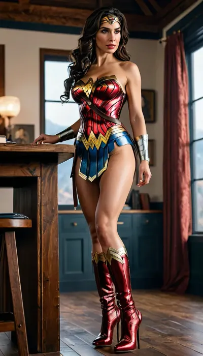 8k, score_9, score_8_up, score_7_up, FILM PHOTOGRAPHY STYLE, cinematic photography of a woman, professional portrait photo realism, DC Comics wonder woman, wonder woman costume, wonder woman skirt, wonder woman boots, high heel, big tits, long slender legs, narrow waist, narrow hips, narrow calves, elastic buttocks, rounded breasts, rounded ass, detailed face, high resolution image, beautiful feet, bending over desk, wet pussy, tight asshole, biting lip, blushing, orgasm, underwear around legs, one leg up, one knee up on table, standing pronebone, anal, man offscreen, side boob, holding breast, side view, full body view, <lora:detailed_notrigger:2>, <lora:add-detail-xl:.8>, <lora:LCMTurboMix_Euler_A_fix:.8>