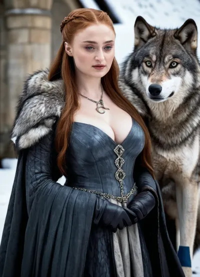 ((Beautiful Sansa Stark from game of thrones:1.4)), big sexy breasts, in a poor black cape with a hood thrown, (hugs and kisses the wolf:1.3), sexy cleavage, lace filigree of bright, (showing black stockings), rich color. Super clear, highly detailed watercolor, glaze technique, plus colored alcohol ink, style of V. Vasnetsov, long braided blonde hair, sexy black long gloves, In her hand is a large Valerian steel sword, A wolfskin is draped over her shoulders, ((a large wolf stands at near her)), she stands there confidently, looks seductive, next to her stands a big snow-white wolf from games of thrones, show whole body in the picture, castle, (Realism:1.8), (Beautiful huge tits:1.5), sns, woman, she, has, red, long, hair, braded, wearing, crw, outfit, black, armor, dark, tunic, queen, of, the, north, gown, battle, Young_woman, extremely waist, perfect skin, extremely high detailed, thick bimbo lips, pink lips, blonde, blue eyes, perfect face, ((her personality and behavior is feminine, flirtatious, beguiling, and slutty:1.2)), wolf, (((she is posing in a sexually explicit way, she desperately wants the viewer to fuck her:1.2))), NSFW, Hardcore, XXX, (uncensored. Perfect huge curved ass), skirt lift, <lora:add-detail-xl:.9>, <lora:sansa stark SDXL - sns woman:1.3>