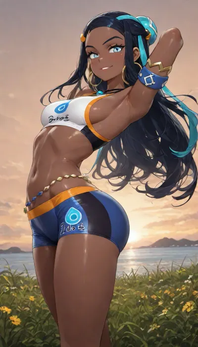 bright light, grass, flowers, lake, dark-blue water, solo, pokemon, (nessa), posing, blushing, smile, glowing eyes, (sparkling eyes:1.1), (slim waist), dynamic view, dynamic pose, side view, (sideboob:1.1), (slim body), thin body, (arched back), bending back, lipstick, looking at viewer, tight shorts, shiny skin, (very thin legs:1.5), armpits, big ass, (close-up:1.3)