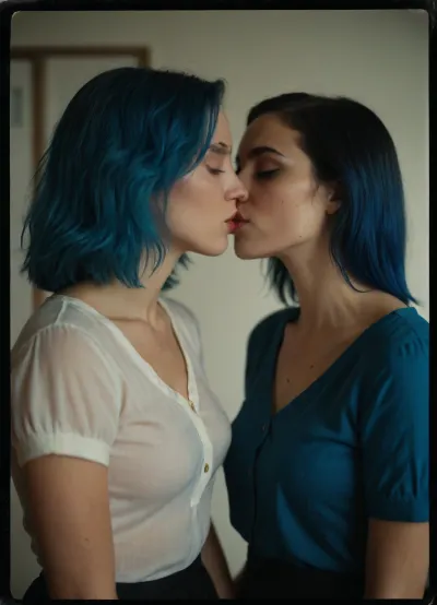 ((ultra realistic 8k)), (photorealistic), (vintage polaroid), picture-perfect face, ((realistic face)), masterpiece, best quality, (2 scene girls), indie sleaze, henley shirt, blue hair, short black skirt, (lesbian, kissing)