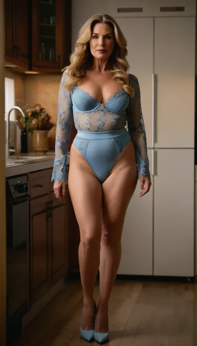 mature 45 years old, dark blonde, long wave hair, very sexy, pale skin, sexy culottes, chubby, long sleeve lingerie, very high waisted light blue flowered lingerie, extreme high waisted panties lingerie, naught sexy face, pointed stilettos slingback high heels, slingback stilettos heels, in the morning, at the kitchen, walking, full body view, walking towards the camera, looking at the camera