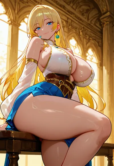 beautiful and seductive blonde named Marylin, long flowing golden-blonde hair cascading down her back and shoulders, bright blue eyes sparkling with playful mischief and soft smile, flawless fair skin with subtle glow, white long-sleeved blouse with deep plunging neckline barely containing massive breasts and deep cleavage, gold-trimmed corset belt cinching her waist, short blue skirt hiked up revealing thick thighs and juicy ass, sitting seductively on the edge of a table, one leg bent and raised, the other dangling, dynamic relaxed yet alluring pose leaning back slightly with chest thrust forward, libary background, perfect anatomy, voluptuous hourglass figure, glossy skin highlights, cinematic dramatic blue-gold rim lighting, vibrant colors, ultra-detailed fabrics, masterpiece