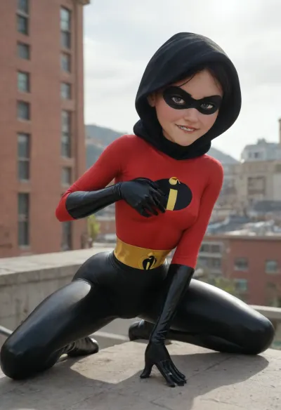 Violet Parr from Incredibles, 18 years old, beautiful face, ((spider-girl outfit)), outfit has hood and gloves, (very narrow waist:1.4), athletic body, skinny body, petite, erect nipples, (dynamic pose:1.4), arched back, hand on crotch, (horny eyes), (biting lip:1.5), bright sunshine, roof of modern high building, crouching, side view
