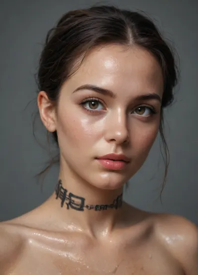 (((realistic photography))), (((8k))), (((((oiled skin))))), (pale yellowish skin tone), (desaturated skin color), score_9, score_8_up, score_7_up, score_6_up, score_5_up, score_4_up, source_photo, A highly stylized, cyberpunk-inspired anime portrait of a female cyborg with a mix of mechanical and organic features. Her short, wavy black hair frames her face, giving a sharp contrast against her exposed cybernetic neck and shoulder. Her skin is soft with a light blush, creating a juxtaposition with the metallic elements. The right side of her body is covered in a sleek, glossy red armored plate that covers part of her chest and shoulder, with mechanical detailing including wires, gears, and tubes intricately connected, revealing complex machinery beneath. Her left shoulder shows polished metal plating in a silvery tone, with visible bolts and connectors that highlight the engineering craftsmanship. Fine details include small bolts, cables, and exposed tubing interwoven in a dense network, showcasing her futuristic, cybernetic anatomy. Her expression is intense yet serene, with deep brown eyes reflecting intelligence and awareness, adding a human element to her otherwise mechanical form.