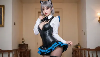21 years old, 4K, purple eyes, cat ears, gray cat tail, five fingers, perfect fingers, correct fingers, gray hair, a masterpiece of the highest quality, the work of a true master, jewelry, black lace thigh-high stockings, white shirt, black leather corset above the bust with a zipper, ruffles, light blue stripe at the bottom of the skirt, black skirt, Lynette, Lynette Genshin Impact, (Genshin, Impact), (lin, ni, te), 1 slender girl, solo, small breasts, bow, ear, fluff, cleavage, bangs, face, mark, pleated leather skirt with a light blue stripe at the bottom, black, bow tie, <lora:linnite_x_00004l:2>