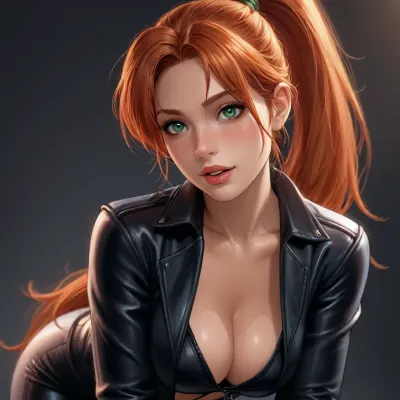 (CARTOON), 2D, reiq style, solid outlines, (FRONTVIEW), angle, super sexy woman, fit with attention-drawing breasts, ((long ginger ponytail)), freckles, bold features and mischievous smirk, green eyes, sparkling playful eyes, tight leather biker jacket, cleavage, leaning forward with expressive gestures, teasing look, aroused, mouth open, ready to kiss, ((simple background)), high contrast, (dramatic lighting:1), <lora:outline_xl_kohaku_delta_spv5x:1.5>