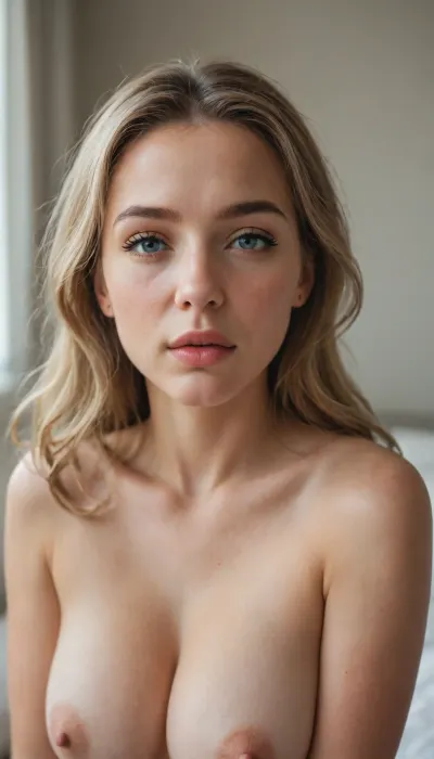 extremely flirtatious 19-year-old woman, fully nude, very pretty, very cute, very sensual, sensual mouth