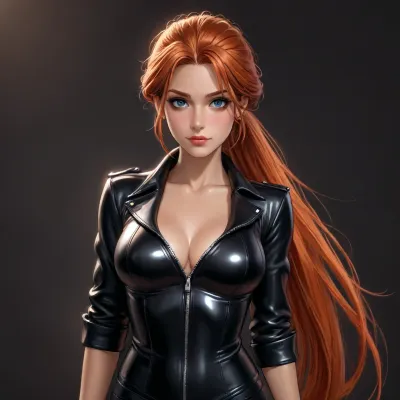 (CARTOON), 2D, reiq style, solid outlines, (FRONTVIEW), angle, super sexy woman, fit with attention-drawing breasts, ((very long ginger ponytail)), freckles, bold features and mischievous smirk, sparkling playful eyes, tight leather biker jacket, cleavage, expressive gestures, playful and teasing, warm cozy atmosphere, energetic and theatrical vibe, ((simple background)), high contrast, (dramatic lighting:1), <lora:outline_xl_kohaku_delta_spv5x:1.5>