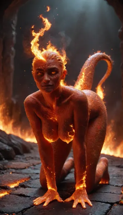 Fire Naked woman with a lizard tail standing on all fours, completely covered in silvery scales, large breasts, her breasts are tight and hanging to the floor, the woman is naked on all fours. She has a lizard tail, the tail is as long as her body. The tail is raised up. It is covered with scales, the skin is covered with scales, the woman fire has scaly skin the scales are ashy silver, (correct tail positioning), (no missing limbs), (han, yu, long, huang\), fire, that, looks, like..., firecd_xl, ral-embrglt, <lora:SG2:2>, <lora:Aether_Fire_v1_SDXL_LoRA:2>, <lora:firecd_xl-000017:2>, <lora:ral-embrglt-sdxl:2>, DonMF1r3y4by55XL, <lora:DonMF1r3y4by55XL:.8>