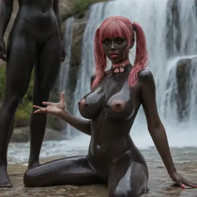 I am a female alpaca.
I have big pink lips with a purple contour covered with shiny oil., (clear image), photorealistic, high res, (black skin:3), full body in frame, perfect illumination, (manicure, long red nails), (extremely detailed, ultra realistic), best quality, focus on arms legs face, ultra-detailed, finely detail, (((massive HHH cup Breasts))), super shiny tits, erect nipples, long nipples, large areolas, long hair, perfect ass, shapely legs, long legs, legs are oiled, ass is oiled, boobs are oiled, belly is oiled, face is oiled, The girl has big plump lips on her face that shine and reflect the light, ((makeup:1.5), long blue eyelashes, olive eye shadow with sequins), (high-quality facial treatment:1.3), large plump lips bimbo in red lipstick with a glossy wide pink outline and a slightly open mouth, (hairstyle with five pigtails straight bangs of blue with sequins:1.2), pupil eyes like a snake, (milky mucus is flowing from the pussy:1.2), Aesthetic, Nail, Sp4c3, Sc3n3, planet, stars, nebulae, sky, Freckles, Hastune, Miku, twintails, black, dress, gloves, elbow, clothing, cutout, neck, ribbon, blue, hair, (gradient, hair), kawaii, makeup, waterfall, <lora:KawaiiMakeupXLv2:2>, <lora:waterfallsXL:1.8>