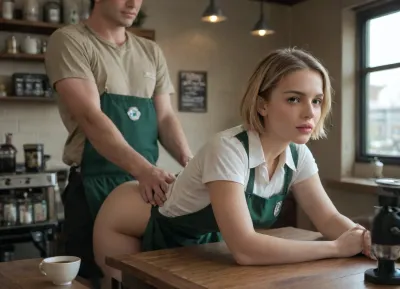 ultra realistic 8k cg, picture-perfect face, ((realistic face)), masterpiece, cinematic lighting, 25 years old, short blonde hair, bob cut hair, intelligent face, (barista uniform), large tits, in coffee shop, bent over coffee counter, doggy style sex, facing camera, florescent lighting, customers watching and filming on their phones.., coffee, shop, <lora:JJsCoffee_Shop_XL:.8>, 4ng3l, face, <lora:SDXL_BetterFaces-LoRA_v1:.8>