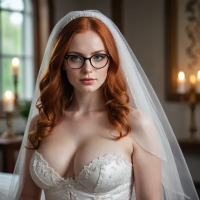 A beautiful redhead woman. she is wearing glasses. She is wearing a wedding dress and white veil. She is showing off her large breasts and shaved vagina