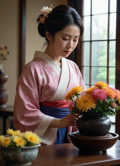 A realistic image of a beautiful Japanese woman, an ikebana master dressed in a traditional kimono, creating a chrysanthemum arrangement in her studio and placing it in a ceramic vase. Highly detailed, photorealistic, natural lighting, bokeh.