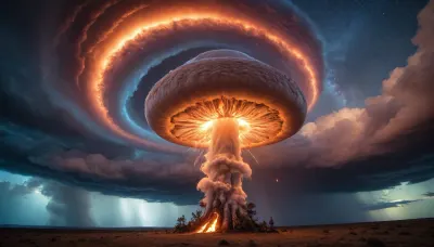 fire mushroom tornado from ocen raibow auras and dramatic louds, milky way