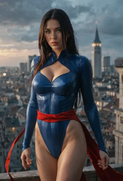 beautiful female superheroine, (Psylocke:1.5), (Marvel comics), (leotard suit), (red sash), cleavage, expressive determined eyes, detailed fabric textures with realistic stitching and subtle wear, standing on the edge of a city rooftop at night, soft moonlight reflecting off nearby glass buildings, dynamic heroic stance, faint wind moving hair and suit fabric, cinematic lighting, ultra-realistic photography, depth of field, sharp focus, lifelike skin texture, 8k RAW detail, subtle film grain, grounded superhero realism, High, Resolution, More, Details, 8K, but, <lora:MJ52:.8>, <lora:add-detail-xl:.8>, <lora:BUT_SDXL_SHS:.3>