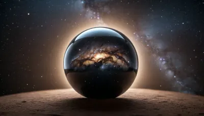 milky way in metal sphere, glowing dark as background like deeo universum