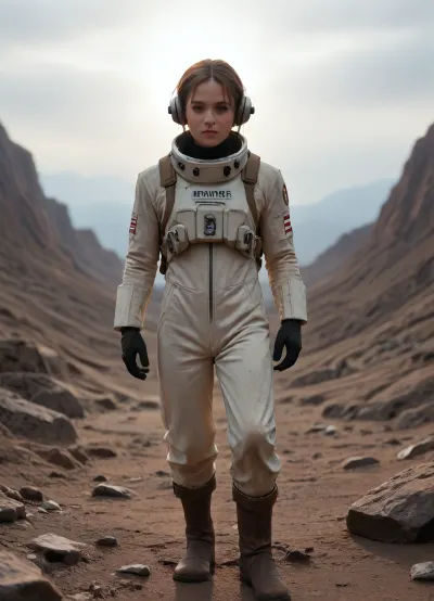 A lone astronaut stands on a desolate, moon landscape, gazing towards a distant, impossibly blue Earth rising above the horizon. Dust swirls around their boots. The suit is worn, bearing small scratches and signs of long service. Dramatic lighting, evoking a sense of profound loneliness and wonder at the vastness of space. Hyperrealistic, 8k.