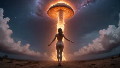 dancing beatiful glowing young naked preist in lingery, fire mushroom tornado from ocen rainbow auras and dramatic louds, milky way