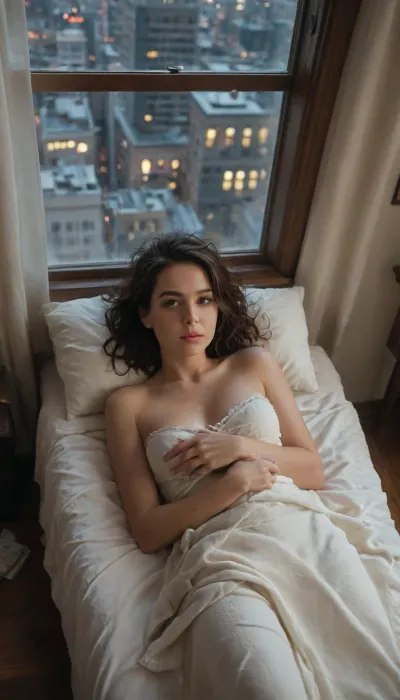 In a room of a skyscraper, (high above the city at night), with a, (big window around the corner), and a messy bed in this corner is a beauty full girl laying seductive on the blankets in a short nighty. She looks a bit messy with messy Hair, beautiful face