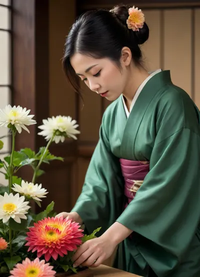 Medium close-up, a beautiful 30-Japanese-woman Ikebana master, wearing an elegant formal kimono, Creating an Ikebana masterpiece, Working on a large-scale installation of Ikebana, Working on　giant chrysanthemums, vibrant colors, dark green foliage, (grand and massive scale:1.2), a traditional Japanese room with tatami flooring, blurred background, intricate details of the petals, soft natural lighting, high resolution.