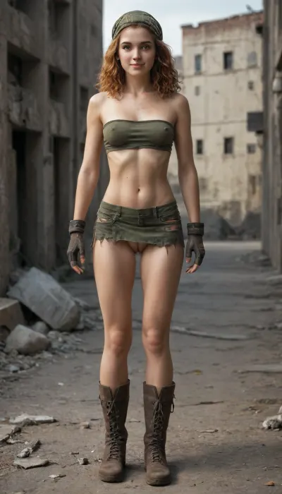 Uber realistic, 8k, ultra detailed, masterpiece, full body, standing, female, ginger full unkempt hair, age 21, wavy triangle hair style, fully nude, (medium chest:1.4), full body view, Standing, confident smile, big blue eyes, pointy nose, full body photo, skinny face, erect nipples, medium toned thighs, medium toned calves, toned arms, sweaty body, Dirty rag bandana slashed exposing Dirty rag bandeau, nipples, (dirty red rag torn micro skirt, show pussy, apocalyptic destroyed city ruins background scene), pov, gloves, counter-strike, holding, MP42, ((moist dirty sweaty body)), dirty green crop top, Dirty scruffy Work boots, <lora:ak47Skins_v1:1.2>