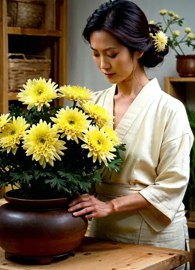 Highly detailed image, photorealistic, masterpiece, beautiful, sexy Japanese woman, ikebana master, creating a composition from, (yellow garden chrysanthemums:1.4), in her workshop., (wide ceramic vase:1.2), natural lighting, bokeh, modesty in clothing and interior design.
