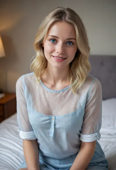girl, blone, skinny, blue eyes, beautiful face, smiling innocent, sitting on bed, lean forward, wearing eine bluse, extremer tiefer ausschnitt, natürliche brüste