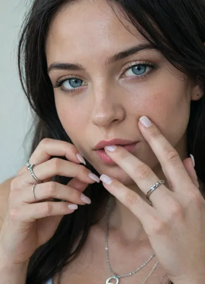 Cutest sweetheart in the universe, romantic movie scene, (thick huge black penis next to her face:1.3), long black hair, emotive, eye contact, (romantic atmosphere:1), deep blue eyes, (close up:.5), romantic light, (perfect manicured very long polish nails:1.6), (silver longest necklaces), silver choker, (she wear lots of silver rings in every finger:1.9), side view, (cum is flowing from penis:1.3), cum ejaculation, huge cumshot, huge cum over chin