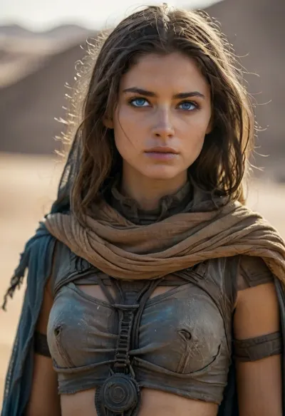 She stood like a shadow woven from desert storms, slender, poised, and radiating a quiet intensity born of survival and conviction. Her eyes, fully blue with the spice of Arrakis, shimmered with the fierce clarity of one who has seen both death and prophecy. Framed by the dark folds of her still suit, her face was both striking and severe, angular cheekbones kissed by the harsh sun, lips set in a line that could soften or sharpen with a single thought.

Her hair, long and dark as the deep desert night, was braided in the traditional Fremen style, adorned with tiny rings etched with sketch symbols—marks of victories, lineage, and solemn oaths. She bore a cry knife at her hip, carved from the tooth of a sandworm, and she moved with the silent precision of someone who had danced across dunes since childhood.

Though young, perhaps only in her early twenties, there was an ancient resolve in her bearing. She had killed and grieved and led raids beneath twin moons. Yet in rare, unguarded moments, her laughter, like water found in the desert, hinted at a soul not yet hardened by war, still capable of dreams beyond the sand.

She was a woman of the sketch, a sister of the sand, and a warrior of Arrakis—beautiful not despite the desert, but because of it.
realistic detailed face, realistic detailed hair, realistic detailed body, realistic detailed skin, realistic detailed breasts, random view angle, action pose, detailxl, nostril, plug, blue, eyes, cloak, <lora:add-detail-xl:1.5>, <lora:style_lora_realis:.5>, <lora:Dune1024:1>