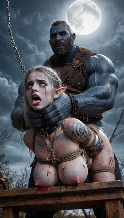 female drow elf barbarian, (dark night blue skin:1.98), tall, angry, busty, curvy, thin waist, big boobs, big butt, slim, fit, vitiligo, strong, fur pelt armor, dungeons and dragons, purplish blue skin, black and purple hair, Dark, Elf, Warrior, Drow, tattooed, scarred, purple eyes, blue skin, amazon, giant, fur barbarian armor, bloody, blood spatter, bear, bear heart, (in a bloody filed after a battle, white full moon in the sky:1.4), (man is choking her from behind:1.4), ((hogtied, bound with large chains, tied to a torture table:1.3)), cock in mouth, (brutal face fuck), Blowjob, (tears in eyes:1.5), (running makeup), (cum drips from nose:1.3), (cum drips from mouth:1.3), ultra hd, photorealistic, hyper gigantic large black cock in mouth, (((hyper gigantic large black cock in mouth:1.3))), oral cream pie, hair grab, sad, sad crying, tongue out, gasping for air, zavy-brbrn, gangbang, double anal penetration, anal spitroast, groupsex, deepthroat, (4 gigantic African black brute thug, huge trunklike arms, huge head, hyper muscular body, dressed in slave clothes:1.32), ((hogtied, bound for sex, tied up)), (eyes wide open in horror:1.72), (wide mouth spreader:1.8), (pleading expression:1.56), (terrified:1.48), (crying:1.48), (fear and panic:1.56), (pulled nipples:1.2), nipple clamps, (((spitroast))), (((hyper large cock in mouth:1.3))), shocked, deep anal penetration, Uber realistic, 8k, ultra detailed, masterpiece, arched back, detailxl, 35mm photograph, film, professional, 4k, 1girl, 5 boys, hdr, photographic, ultra realistic, ultra high details, back light, gargantuan black cocks, anal sex expansion, large hyper muscular fat old men, (double anal sex), swollen white veiny cocks, (double anal penetration), hardcore double penetration, proper physics, big white cocks, muscular white double anal gangbang, (forceful penetrations), extremely graphic, shocked expression, beautiful hands, massive cum in ass, defeating a woman in combat, fighting, killing, blood, winning fight, magazine cover, Realism_Quality_2xx_By_Stable_Yogi, score_9, score_8_up, score_7_up, (((very pretty face:1.3))), (((extremely ultra detailed face:1.3))), perfect fingers and hands, upper body view, (extreme size difference:1.6), (ultra realistic), (maximum quality), (high resolution), (extreme detail), (ultra realism), UHD, super high quality, highly detailed, high resolution, perfect lighting, natural lighting, (dynamic pose), (dynamic angle), (random angle), (random pose), (dynamic view), (random view), best quality, volumetric lighting, golden hour lighting, dramatic shadows, rich details, nature-inspired color palette, (below view:1.45), (side view:1.12), <lora:Dark_Elf_Warrior:2>, <lora:Drow:2>, <lora:zavy-brbrn-sdxl:2>, <lora:LCMTurboMix_Euler_A_fix:2>