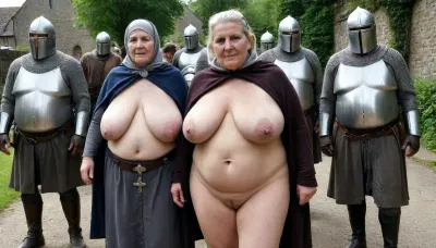 RAW photo. MEDIEVAL SQUARE. TWO OBESE 79 year old European women with BIG very saggy bust, a VERY saggy belly., (((WRINKLED FACE:1))), dark make up. Smooth skins, skins without spots, oiled skins. Tattooed WET tits. One has platinum blonde hair in a bun. Other has hazelnut color hair in a bun. They dressed with long bots. Full bodies is visible. They WALKING in front of a group of nen knights., sagging, <lora:sagging-000015:.8>, plump, skindentation, chubby, bbw, venus, body, big, breasts, ass, <lora:Chubby BBW - XL:.8>, Medieval, Town, <lora:JJsMedievalTown_XL:1.5>, stretch, marks, <lora:stretch_marks:.8>, t3mpl4rtunic, t3mpl4rcloak, cross, chainmail, coif, robe, great, helm, hood, <lora:templarclothesxl:.8>