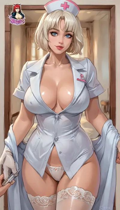Reiq art style.
stretch, NieR, Automata A2, big bust Bledans dressed in a nurse's robe with a slit, thong panties, cleavage, and lace stockings, in her hand a huge syringe of Janet, beautiful dynamic pose of the model, smiling mysteriously, Nurse, large, long white hair, and, white, fur, skin, ratatatat74, <lora:DonaughtX2Lora-000105:.8>, <lora:LCMTurboMix_Euler_A_fix:.8>, <lora:cartoon_stickers_xl_v1:.8>, <lora:ratatatat74-000050:.8>