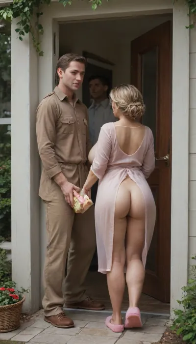Outdoors at the front of an ivy covered Suburban British house, 1man, 1woman, ((1man, back view of a Male Courier in UPS brown uniform, (standing outside), holding a parcel)), front Door is open, he is talking to the woman, ((1 woman partly naked MILF is just inside the door, leaning against the doorframe, messy blonde just-fucked hair, red transparent nightshirt with pink fur trim, open at the front revealing massive sagging breasts, big nipples, no nightdress, no bra, no panties, furry pink slippers))