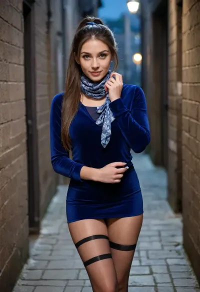 beautiful, gorgeous, 25_year_old, French woman, (Beautiful_French_woman), standing at the corner of a dark alley in a sexy pose, calling the viewer to come closer, ((horny)), (at_night), (very_dim_lighting), reflective_skin, (wearing a dark blue blouse, scarf, skirt, pantyhose), medium_height, long_hair, dark_hair, velvet_scrunchie, ponytail, blue_eyes, perfect_figure, plump_ass, small_nose, thin_lips, jewelry, flowers, handbag, subtle_smile
