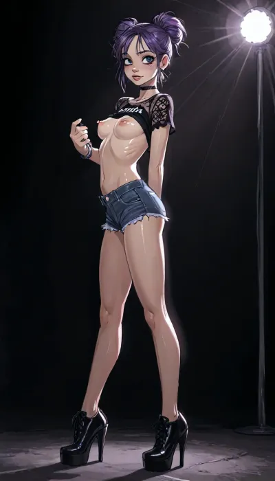 reiq style and Jack cayless art style, Full body, woman, 21 years old, (neon blue purple), black light, (phosphorescent), (messy bun), underground rave club, secret, cyberpunk dance music, ((disco lights)), lace shirt, (very long nipples), skinny, Ultimate realistic photo details, dynamic sexy pose, small curved round breasts, bottomless, detailxl, clothes, ratatatat74, <lora:LCMTurboMix_Euler_A_fix:1.4>, <lora:EnvyBeautyXL02:1>, <lora:mk_Bp Anime_xl:1>, <lora:EnvyAnimeDigitalPaintingXL01:1>, <lora:ratatatat74-000050:1.9>