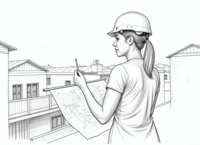 black and white pencil image in the style of a line sketch consisting only of thin lines, flat line image depicting a woman architect in a construction helmet drawing a plan of an old city block on a sheet of paper with a pencil, line sketch consisting of lines of different thicknesses and shading of different densities