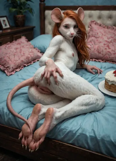 In a pink and blue room, frilly pink pillows, (succubus), (fit ginger), (red hair), (), (detailed petite body), (in love), (transforming into a realistic furry anthro mouse woman:.9814), (whiskers), (sharp claws:1.2), ((mouse ears), (mouse feet:1.2), (mouse tail), (whiskers), (furry gaping cream pie pussy:1.2)), (detailed mouse tail), (realistic fur texture), flat, chested, sex, fit body, x, morphing, into, y, <lora:SDXL1.0-LoRa_Zeitgeist-Morphing-Concept_by-AI_Characters-v1.0:.8>