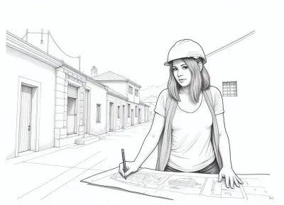 black and white pencil image in the style of a line sketch consisting only of thin lines, flat line image depicting a woman architect in a construction helmet drawing a plan of an old city block on a sheet of paper with a pencil, line sketch consisting of lines of different thicknesses and shading of different densities