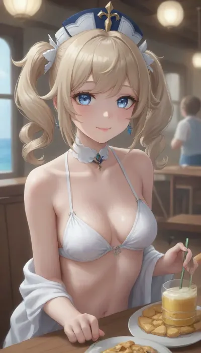 Barbara from Genshin Impact, she is 20 years old, she is smiling, wearing a white bikini in a restaurant by the sea, the weather is sunny.