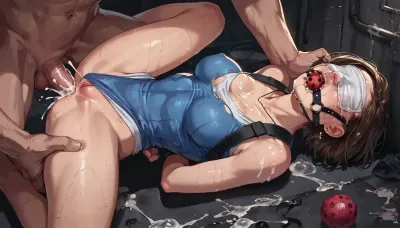 best quality, Jill Valentine, her outfit ripped to shreds, breasts exposed, hands behind back, kneeling, (anal missionary), ball gag, face covered in cum, crying, tears