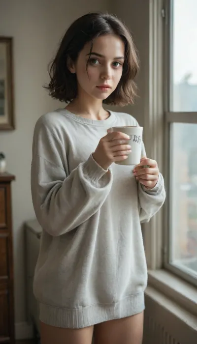 young brunette, petite slim build, in an oversized short gray sweater dress, cozy morning at home, soft window light, fresh no-makeup face, pensive gaze of dark grey eyes, slight shadows under eyes, natural pink lips, peach fuzz on face highlighted by light, messy black hair, holding a mug of coffee, pose of cozy solitude, quiet morning atmosphere, full body shot, intimate portrait, highly detailed, warm tones